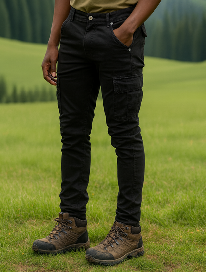 Man wearing black 6 pocket jeans, standing in a grassy field with mountains in the background. 