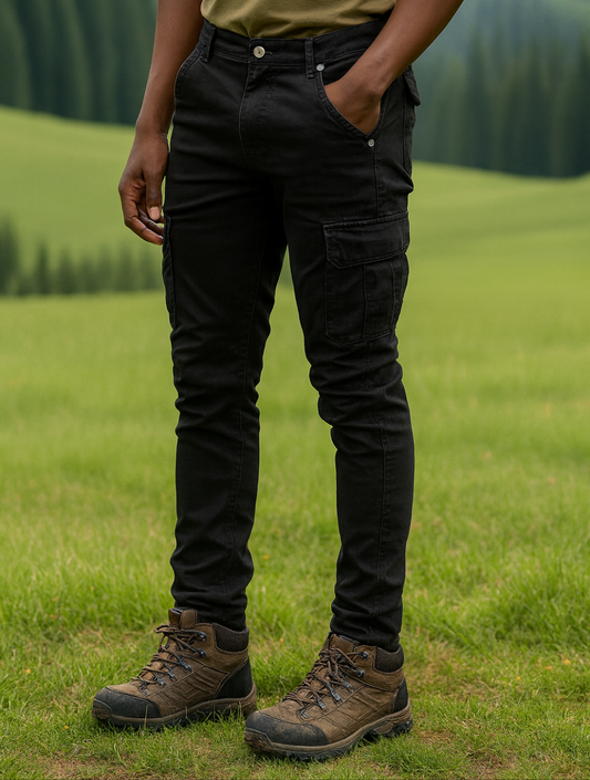 Man wearing black 6 pocket jeans, standing in a grassy field with mountains in the background. 