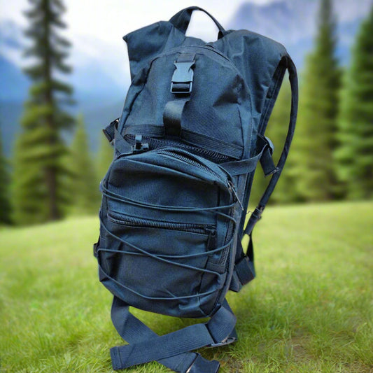 A black hydration backpack with multiple pockets and a fitted 2.7 litre bladder, equipped with a pipe and mouthpiece.