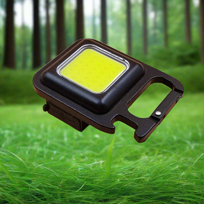 A black key light LED with a carabiner style clip, rechargeable cable, and an adjustable light stand.