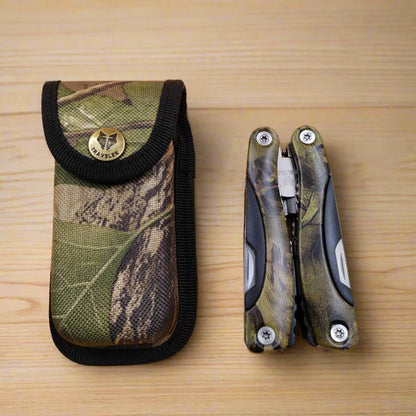 A multi-tool opened to display a knife, scissors, and other tools