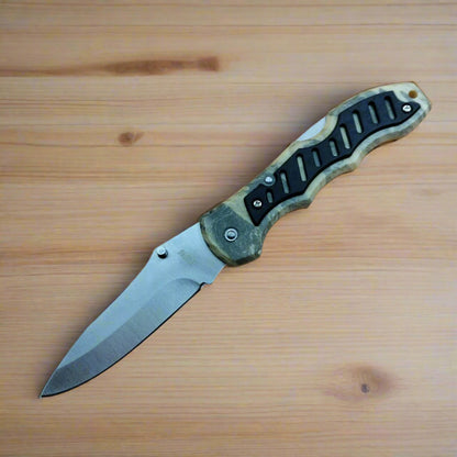 A folding knife with a metal blade and a brown and black handle with a textured grip.