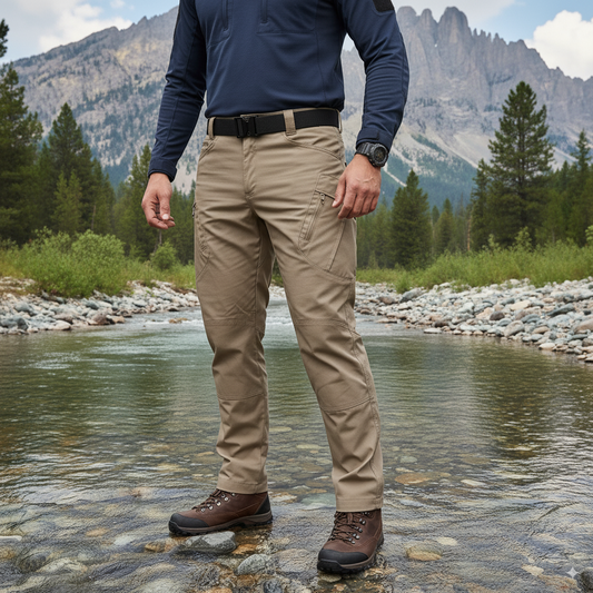 Person with stretchable khaki pants standing on a rock by a stream with mountains and trees in the background