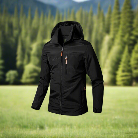 Black jacket with a hood with trees and mountains in the background