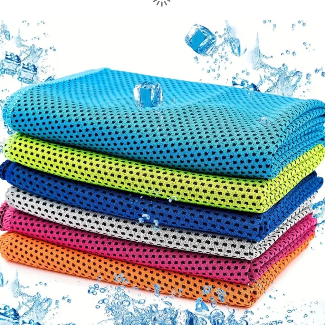 A collage showing a sports cooling towel in various states and colors. Includes a woman demonstrating the use by holding the towel around her neck, and a stack of the towels in multiple colors.