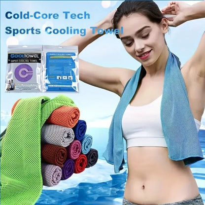 A collage showing a sports cooling towel in various states and colors. Includes a woman demonstrating the use by holding the towel around her neck, and a stack of the towels in multiple colors.