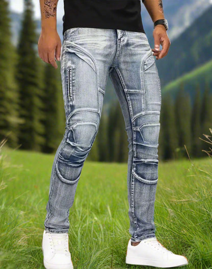 A pair of men's stretchable vintage blue jeans with a stone wash effect, featuring multiple pockets and a slim fit.