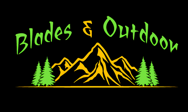 Logo with mountains, trees, and 'Blades & Outdoors' text on a black background
