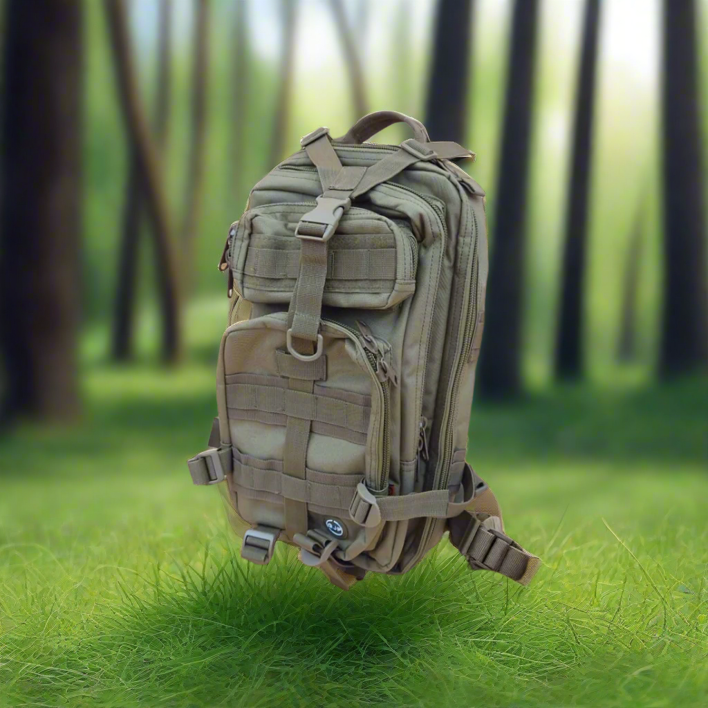 Tactical backpack on a forest floor with fallen leaves