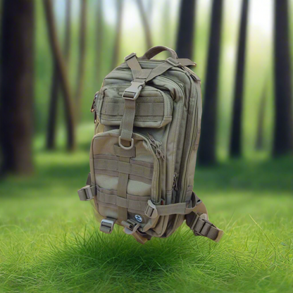 Tactical backpack on a forest floor with fallen leaves