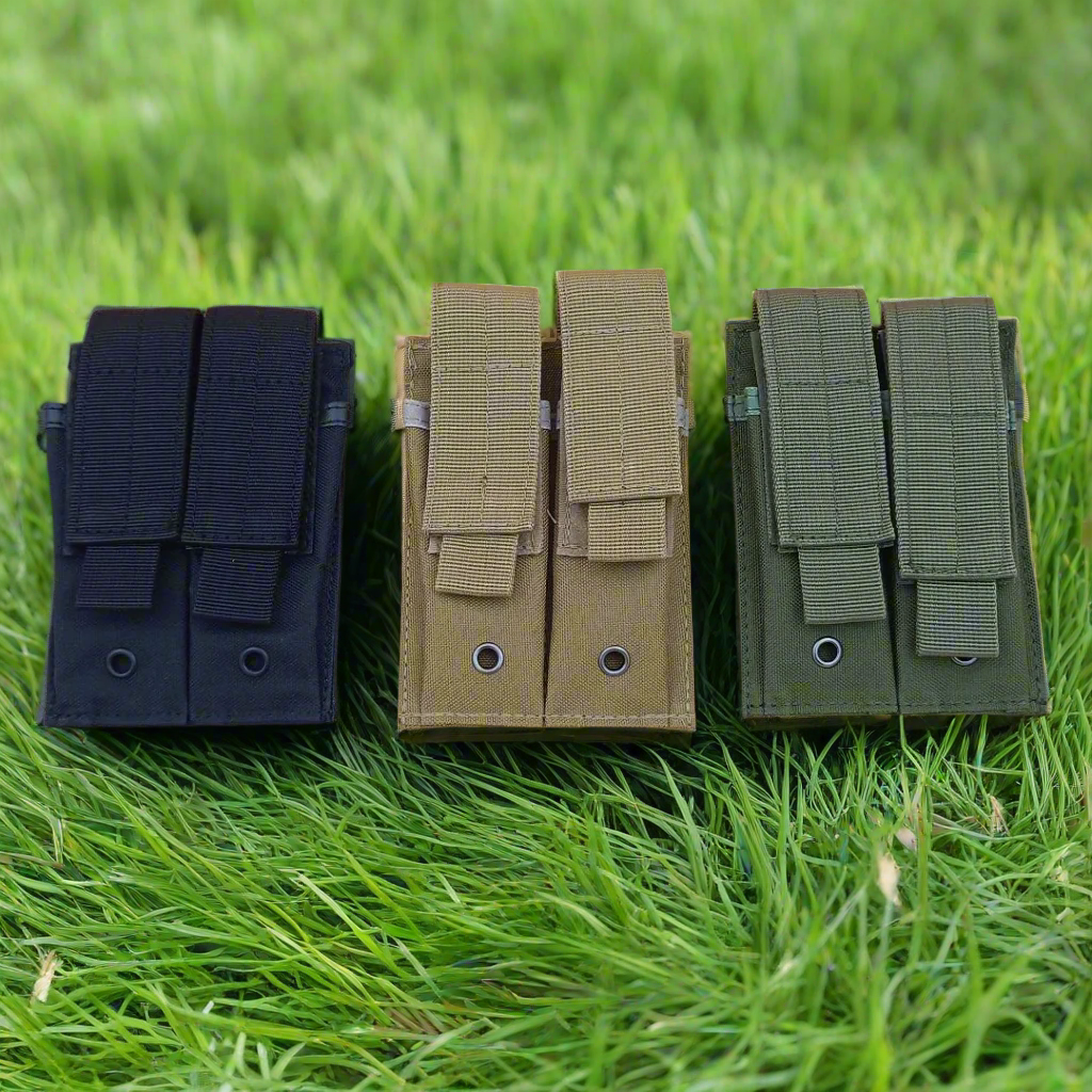 Three mag pouches in black, khaki green, and green colors, displayed side by side.