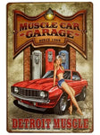 Tin sign - Detroit Muscle red sports car and girl
