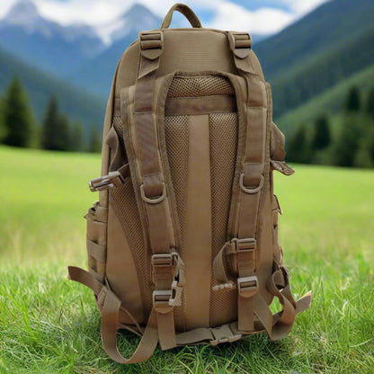 Tan backpack with multiple straps on a beige background