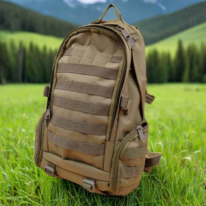 A double compartment backpack in brown color with a camouflage pattern, featuring multiple pockets and external zippers.