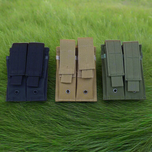 Three mag pouches in black, khaki green, and green colors, displayed side by side.