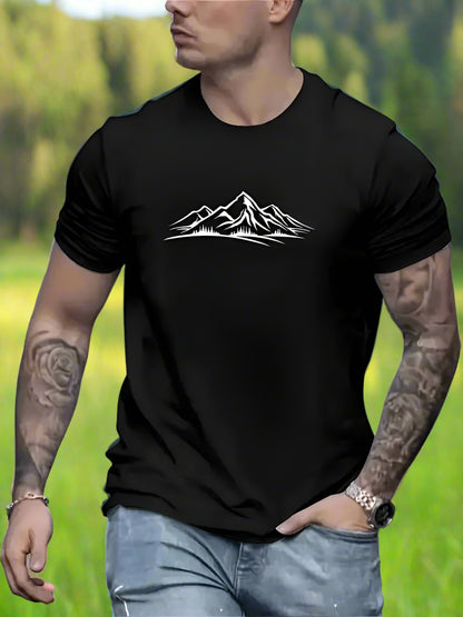 A person wearing a black T-shirt with a white mountain design on the front.