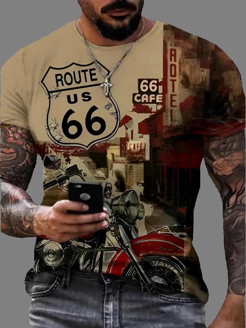 T shirt - Route 66 Motorcycle red and cream background