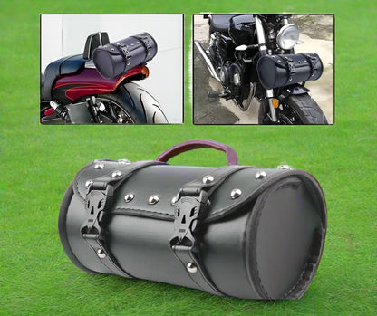 A black faux leather motorcycle handlebar bag with metal studs, shown mounted on a motorcycle handlebar and separately as a standalone product.