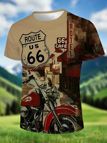 Beige t-shirt with Route 66 graphic design featuring a motorcycle and vintage elements.