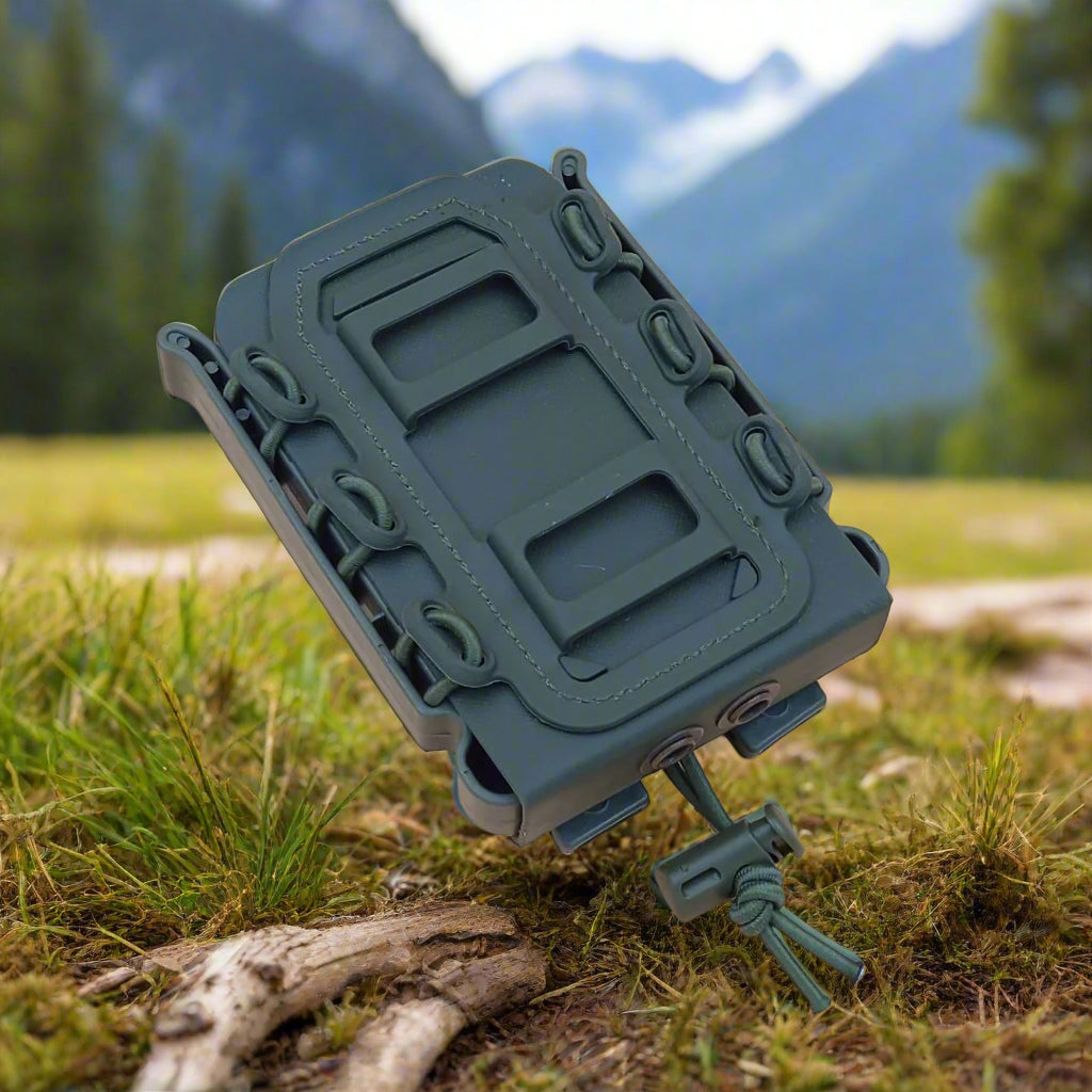 A green adjustable magazine pouch for AR/AK style rifles.
