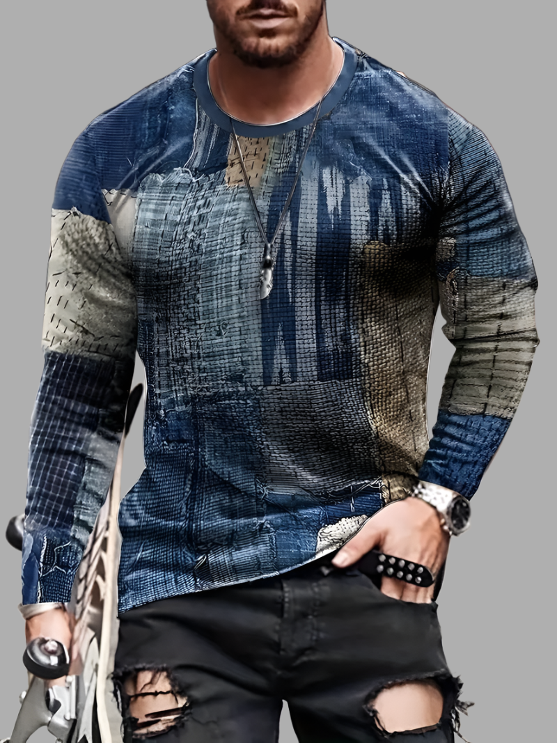 Long Sleeve shirt Men's 3D  - vintage blue and khaki
