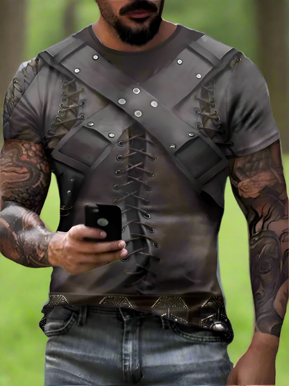 A person wearing a gray T-shirt with utility straps and buttons design across the chest.