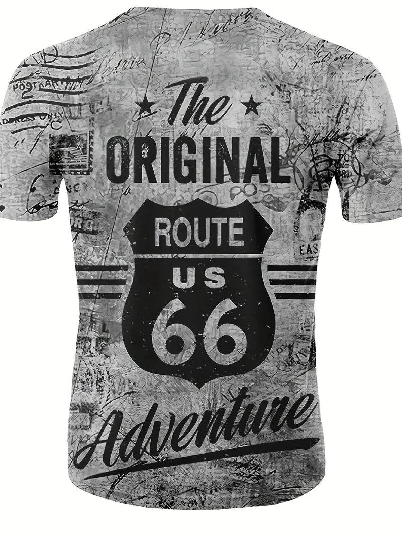 A person wearing a white crew neck T-shirt with text 'The Original Route US 66 Adventure' printed on the front.