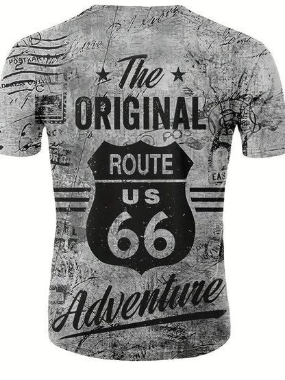 A person wearing a white crew neck T-shirt with text 'The Original Route US 66 Adventure' printed on the front.