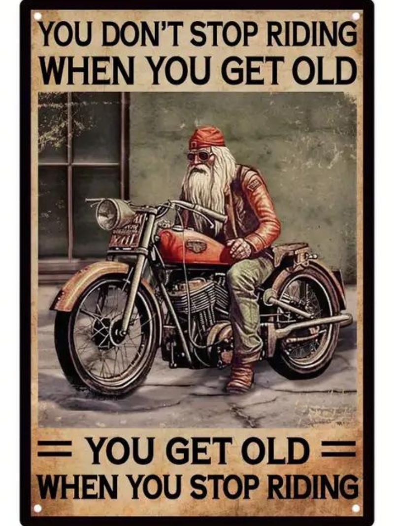 Tin sign - old man with beard on motorcycle