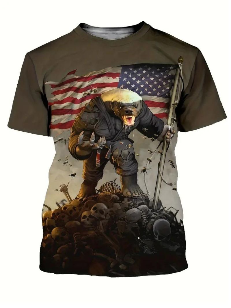 A person wearing a T-shirt with an image of a honey badger and the American flag.