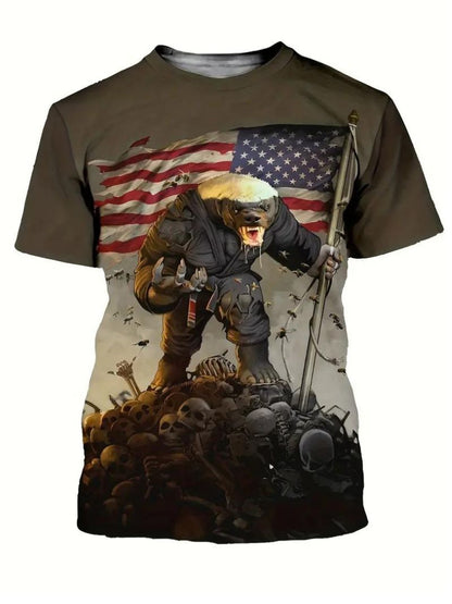 A person wearing a T-shirt with an image of a honey badger and the American flag.