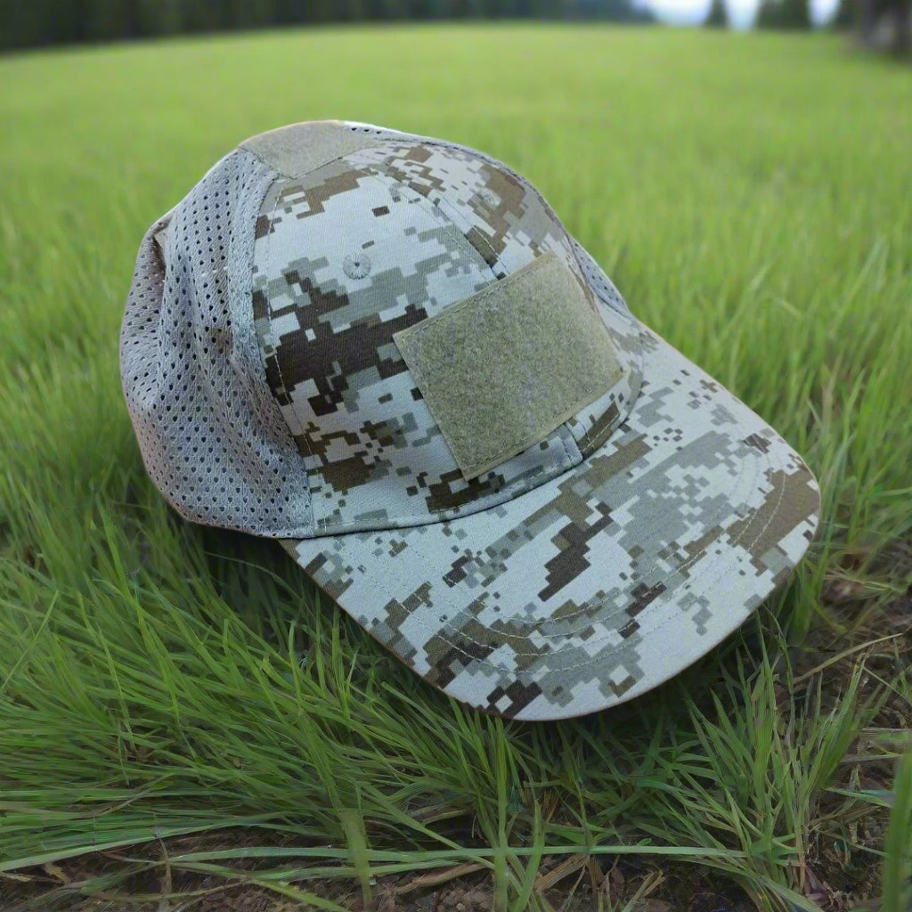 Digital brown camouflage baseball cap with a patch on a beige background