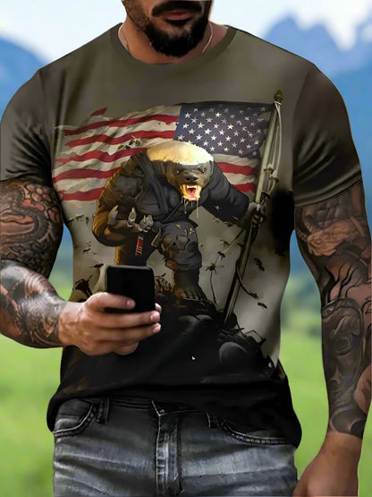 A person wearing a T-shirt with an image of a honey badger and the American flag.