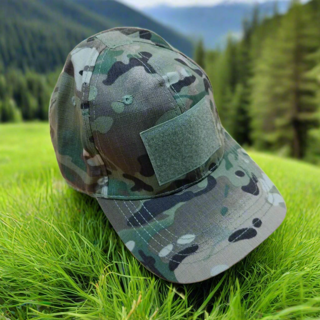 Camouflage baseball cap with a patch on a beige background