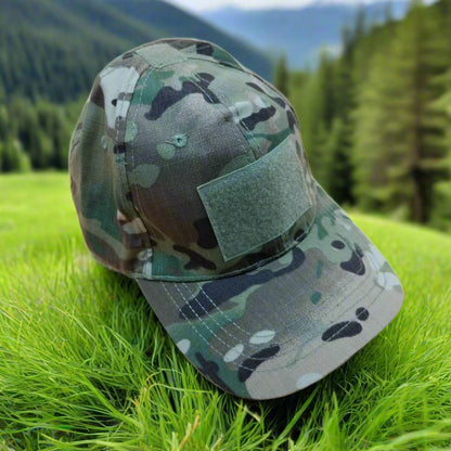 Camouflage baseball cap with a patch on a beige background