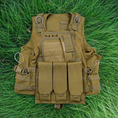 A medium to large size bulletproof tactical vest in brown color, made of 600D oxford material, featuring molle design for carrying equipment, and multiple pockets and straps for tactical gear.