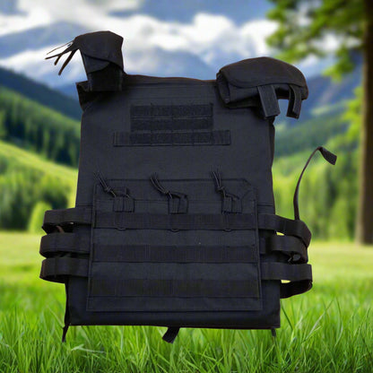Black tactical vest on a beige background