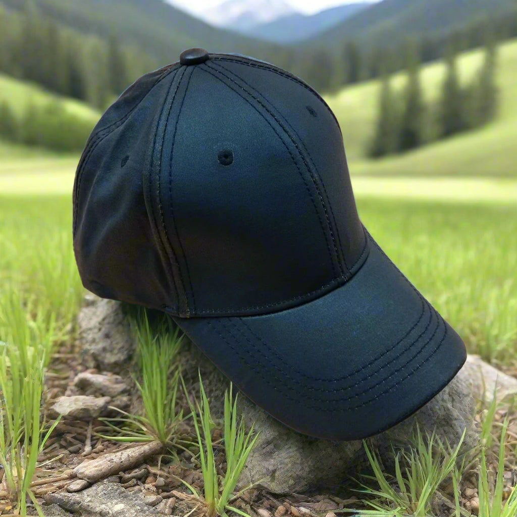 Dark oil skin cap on a beige background