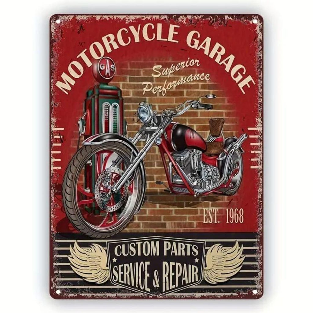 Tin sign - red chopper and fuel pump
