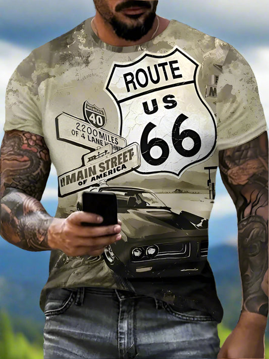 A person wearing a short-sleeved beige t-shirt with 'ROUTE US 66' text and an image of a classic car on it.