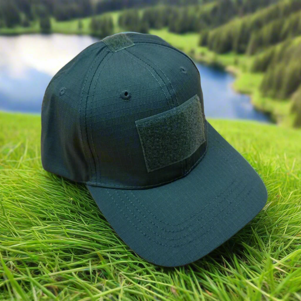 Green baseball cap with a patch on a beige background