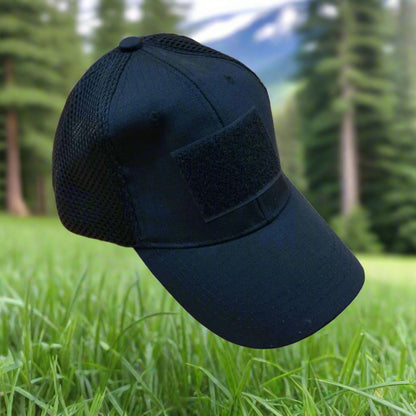 Black baseball cap with a patch on a beige background