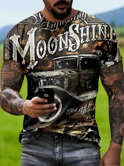 T-shirt with a graphic print of 'Moonshine' featuring an vintage car and moonshine bottles.