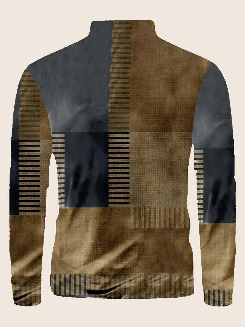 Long Sleeve Shirt Men's Block Pattern - brown and blue