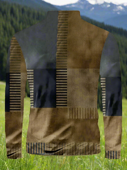 Long Sleeve Shirt Men's Block Pattern - brown and blue