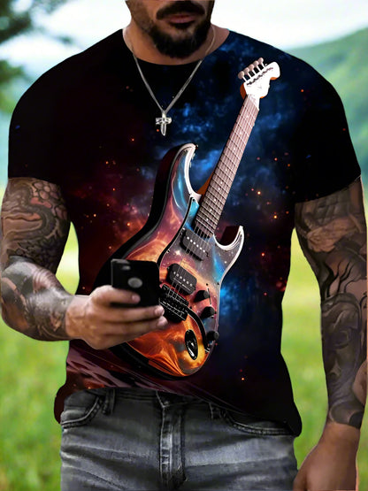 A person wearing a black T-shirt with a 3D guitar print.