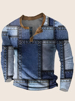 Long Sleeve shirt Block Print Men's 3D - denim jean look blue