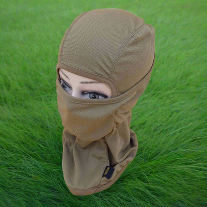 A person wearing a khaki full face mask covering.