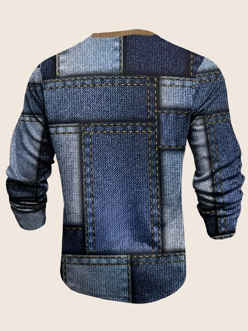 Long Sleeve shirt Block Print Men's 3D - denim jean look blue