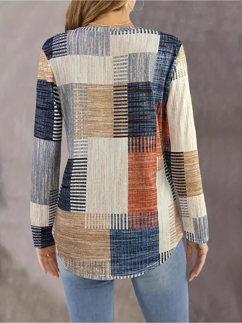 Patchwork Print Crew Neck Woman's Long Sleeve T-Shirt - blue and khaki